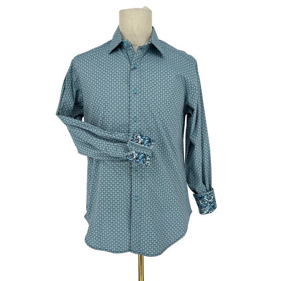Robert Graham Woven Button Front Long Sleeve Shirt MELROSE Teal Blue MCM Print M - Picture 1 of 10
